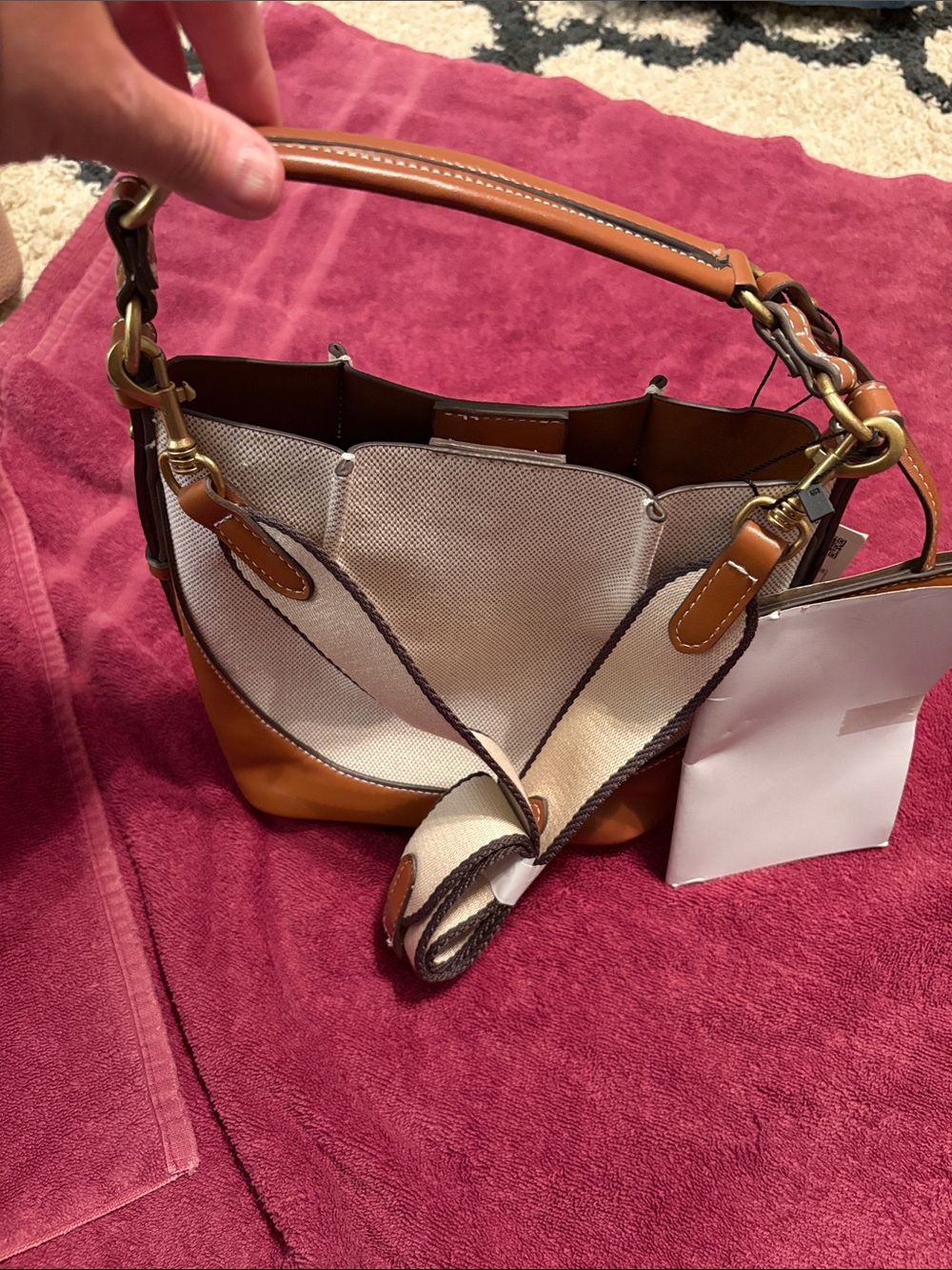 Zara Cream Canvas and Tan Faux Leather Bucket Bag NWT - Picture 7 of 8